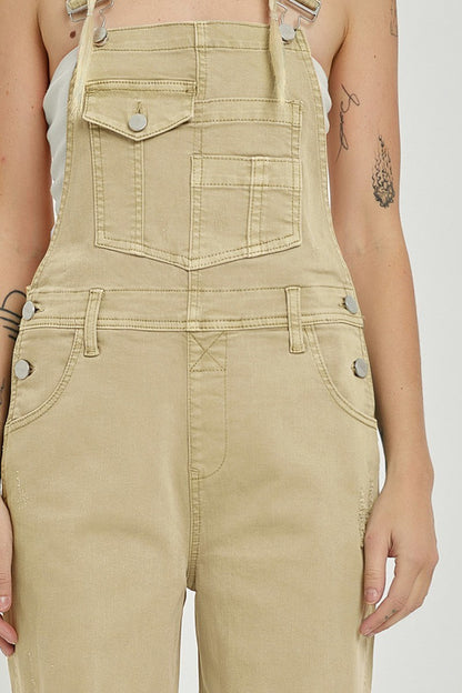 "Lou" Distressed Overalls in Sand Khaki