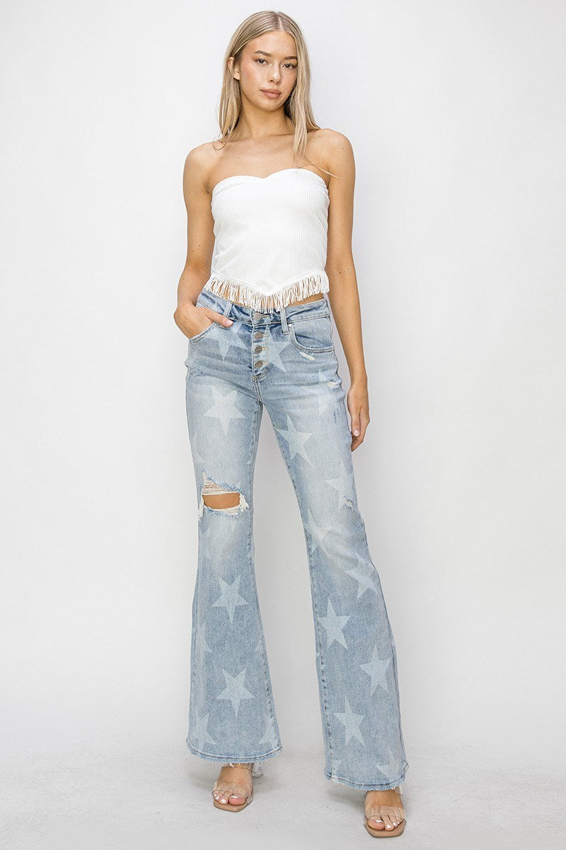 "Rory" Lt Wash Button Flare Leg Star Jeans