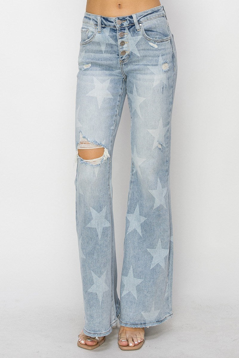 "Rory" Lt Wash Button Flare Leg Star Jeans