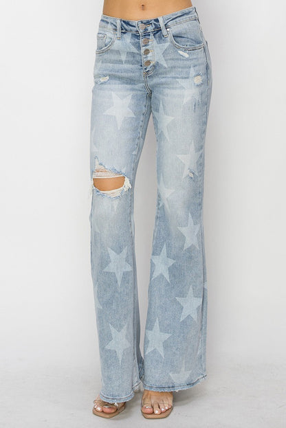 "Rory" Lt Wash Button Flare Leg Star Jeans