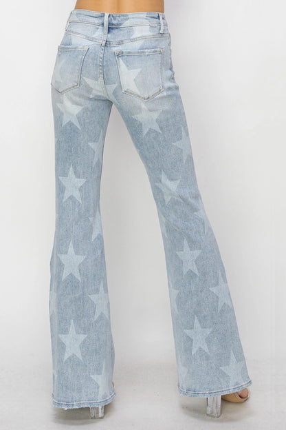 "Rory" Lt Wash Button Flare Leg Star Jeans