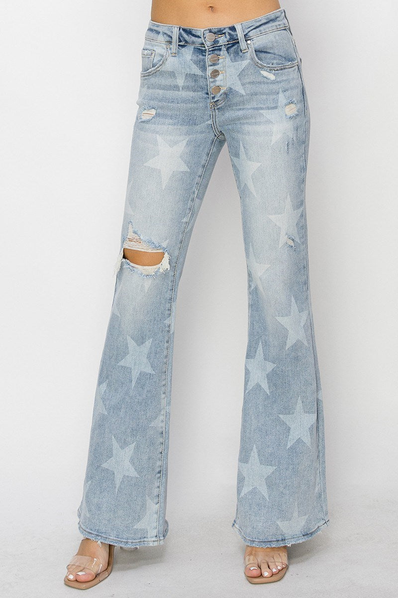 "Rory" Lt Wash Button Flare Leg Star Jeans