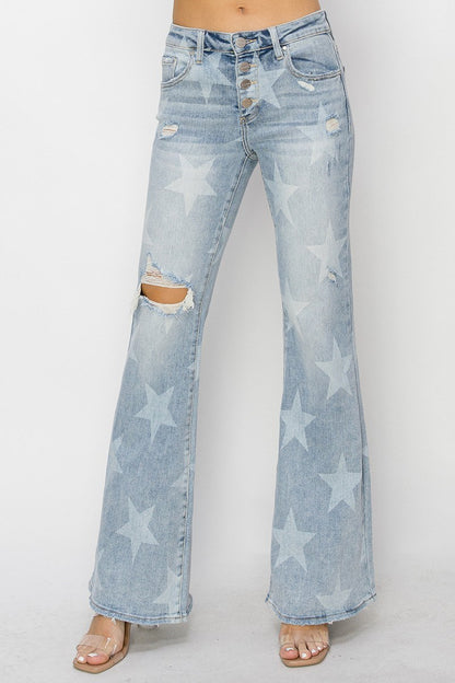 "Rory" Lt Wash Button Flare Leg Star Jeans