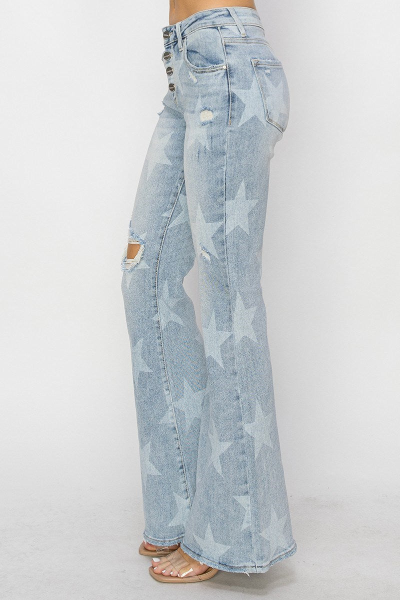 "Rory" Lt Wash Button Flare Leg Star Jeans