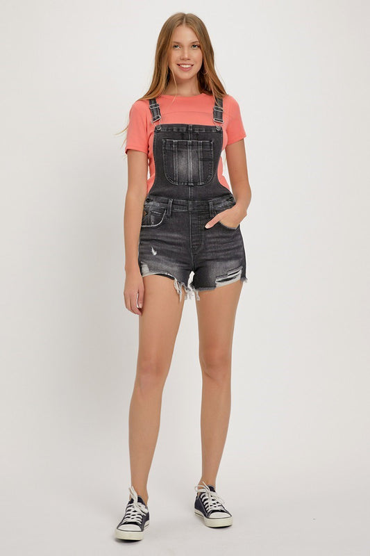 "Amy" Distressed Shortall Romper in Black