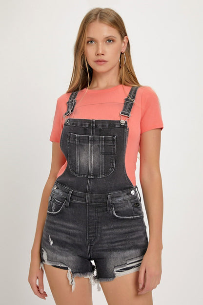 "Amy" Distressed Shortall Romper in Black