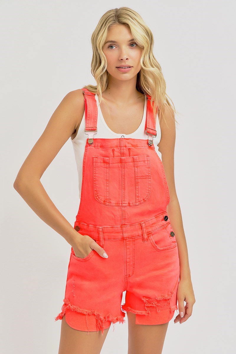 "Amy" Distressed Shortall Romper in Coral