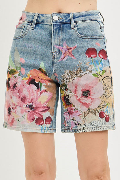 "Botanica" Floral Print Denim Shorts
