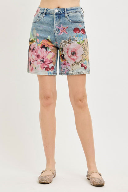 "Botanica" Floral Print Denim Shorts
