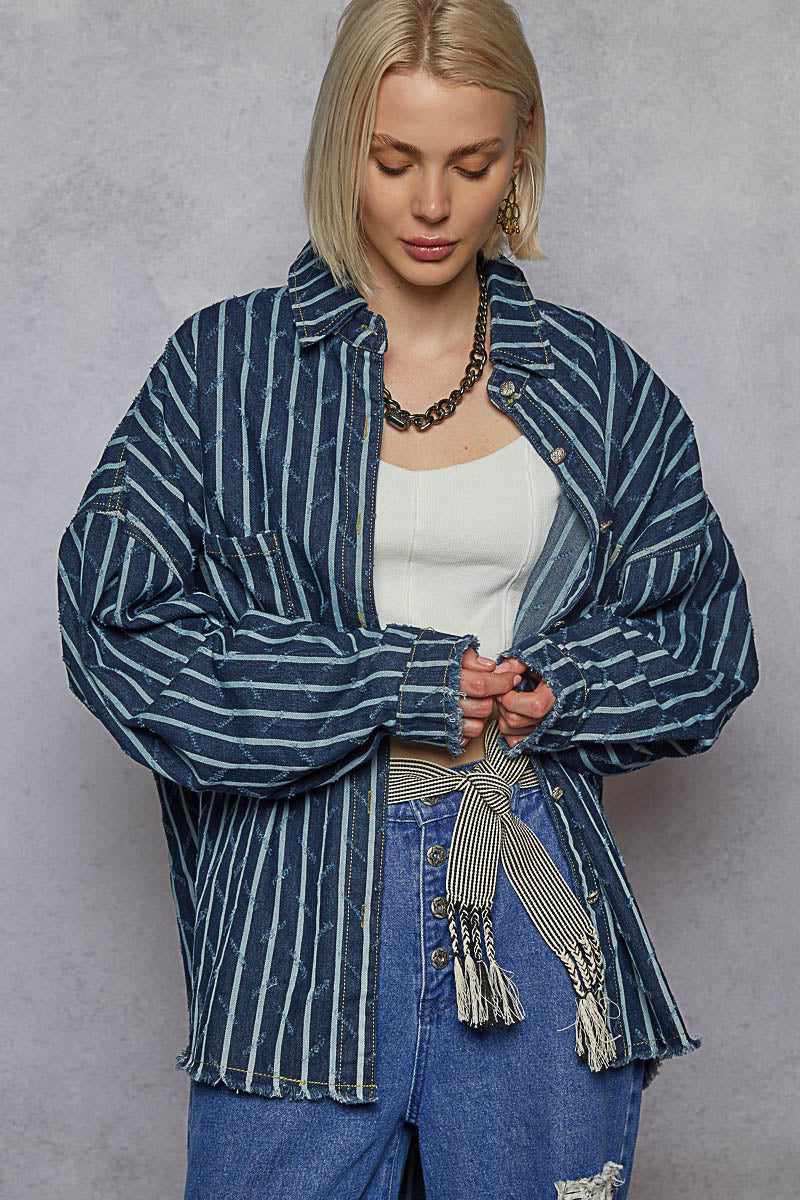 "Boxcar" Striped Denim Shacket in Blue White