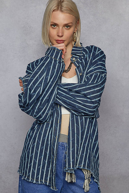 "Boxcar" Striped Denim Shacket in Blue White