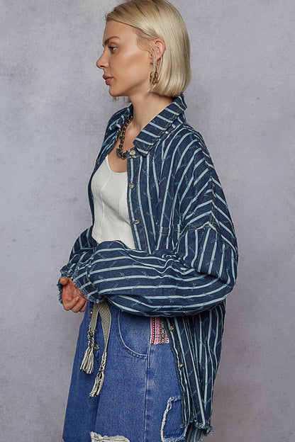 "Boxcar" Striped Denim Shacket in Blue White