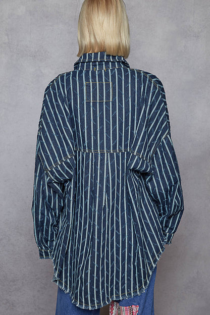 "Boxcar" Striped Denim Shacket in Blue White