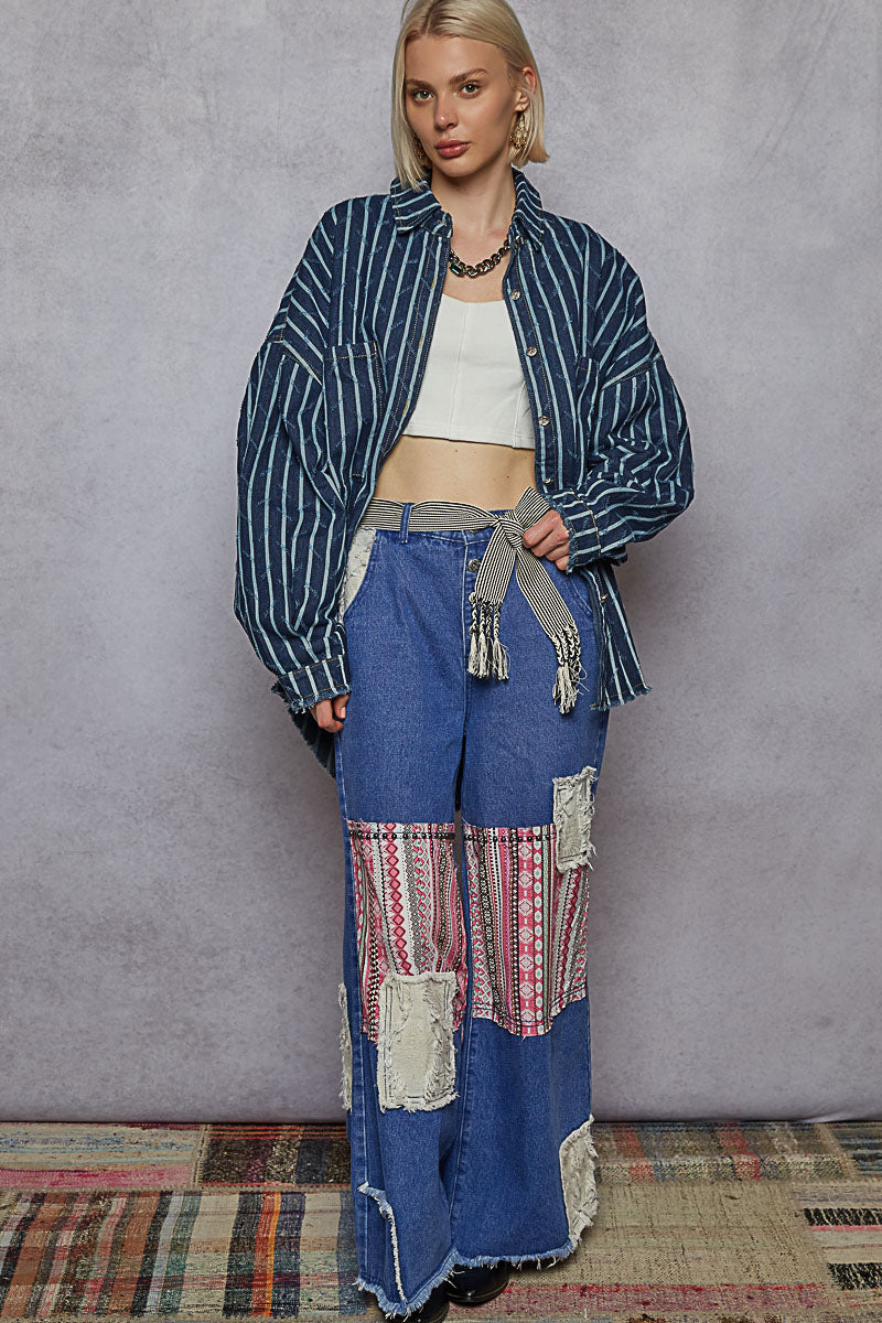 "Boxcar" Striped Denim Shacket in Blue White