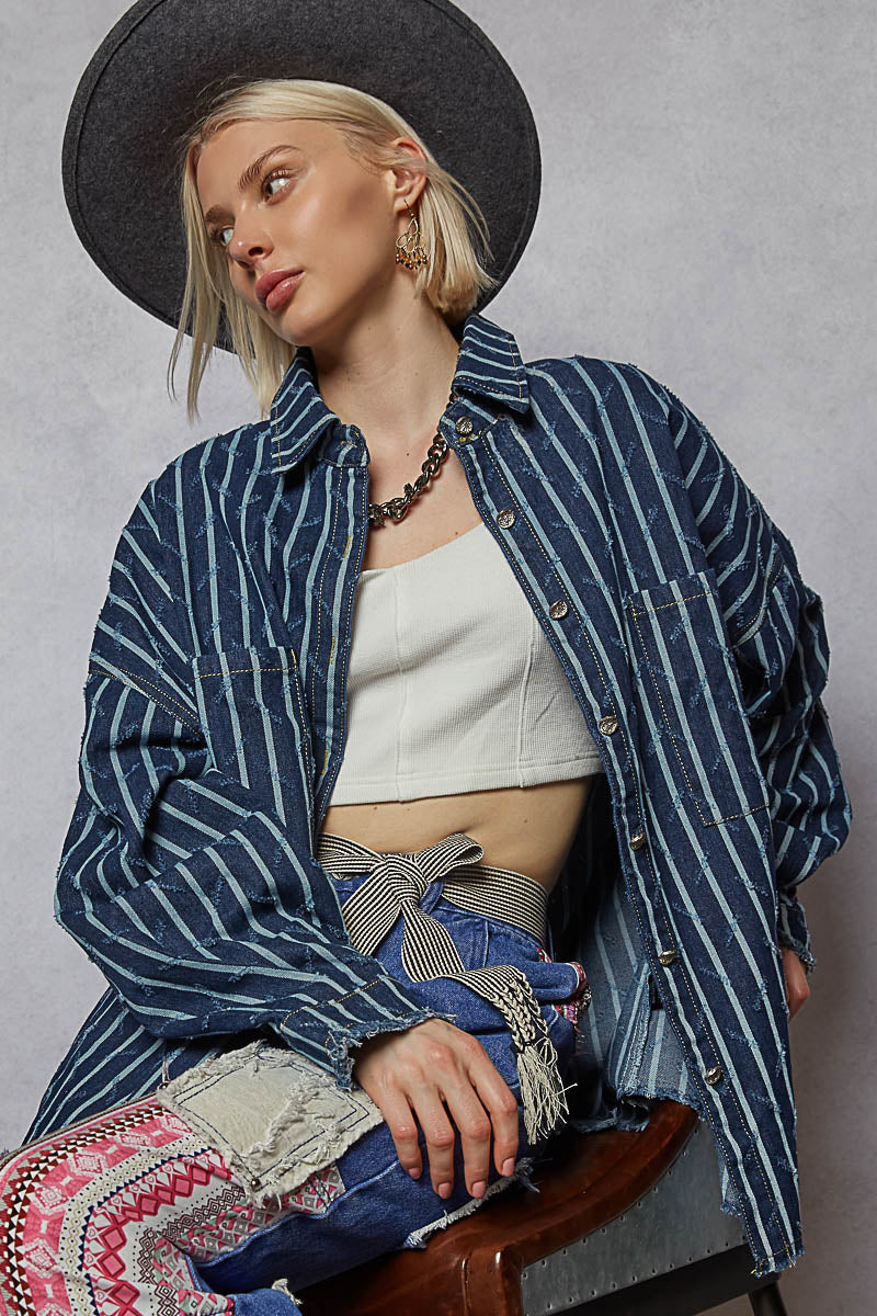 "Boxcar" Striped Denim Shacket in Blue White