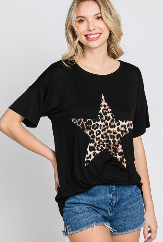 "Wild Star" Leopard Star Jersey Tee in Black