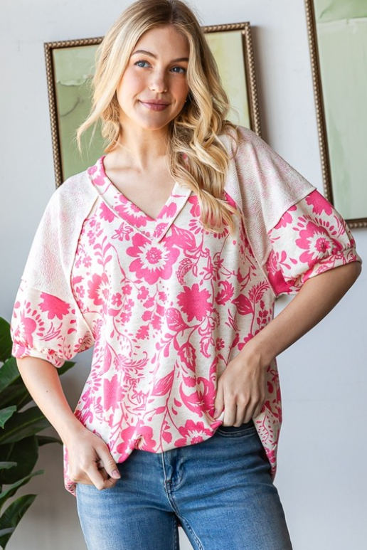 "Frenchie" Floral French Terry Top Pink & Cream