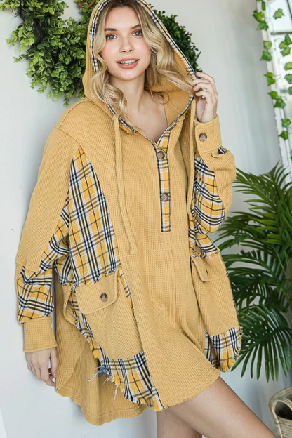 "Ranch Girl" Thermal Flannel Pullover Hoodie in Gold