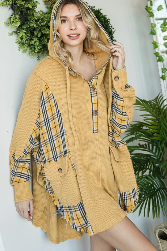 "Ranch Girl" Thermal Flannel Pullover Hoodie in Gold