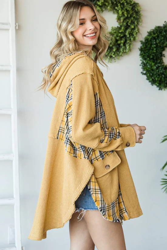 "Ranch Girl" Thermal Flannel Pullover Hoodie in Gold