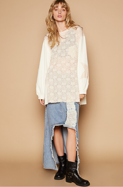 "Juliet" Thermal Lace Star Patch Top in Cream