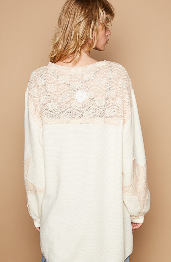 "Juliet" Thermal Lace Star Patch Top in Cream