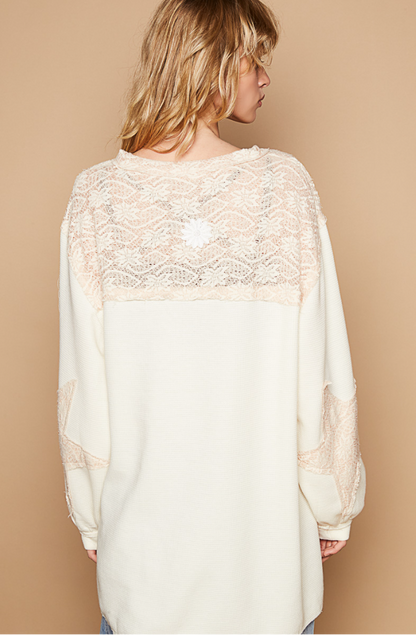 "Juliet" Thermal Lace Star Patch Top in Cream