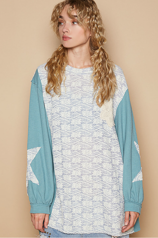 "Juliet" Thermal Lace Star Patch Top in Teal