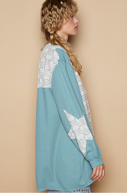 "Juliet" Thermal Lace Star Patch Top in Teal