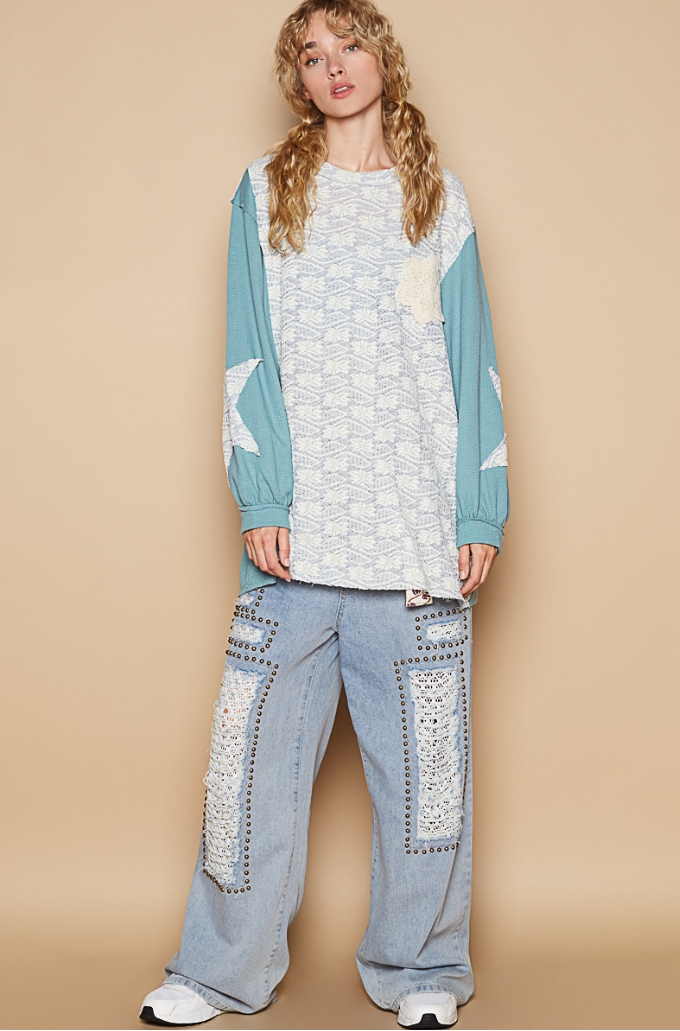 "Juliet" Thermal Lace Star Patch Top in Teal