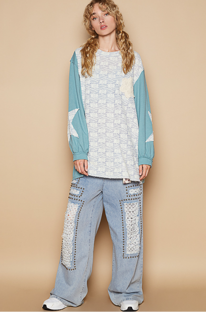 "Juliet" Thermal Lace Star Patch Top in Teal
