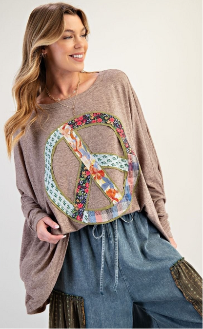 "Big Peace" Oversized Patchwork Shirt in Mocha
