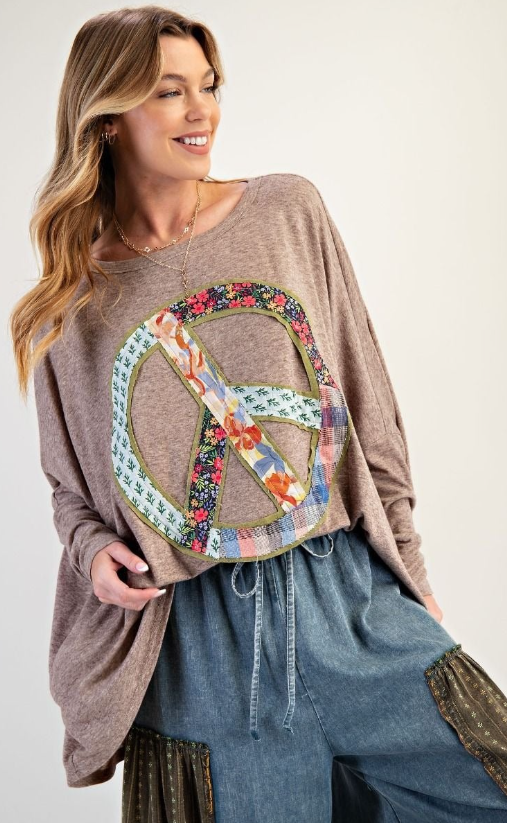 "Big Peace" Oversized Patchwork Shirt in Mocha
