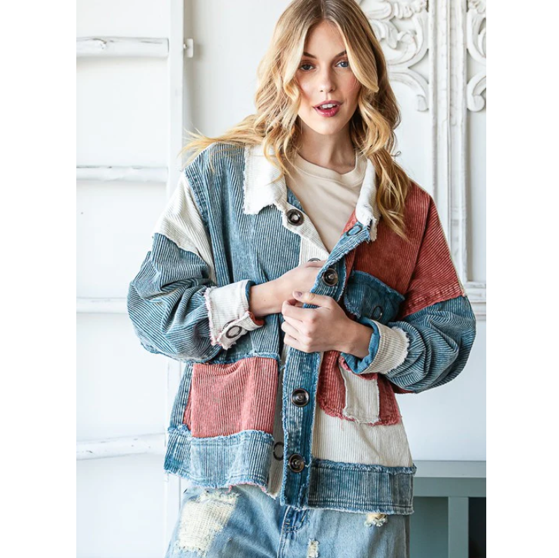 "Tilly" Colorblock Corduroy Jacket Teal Rust