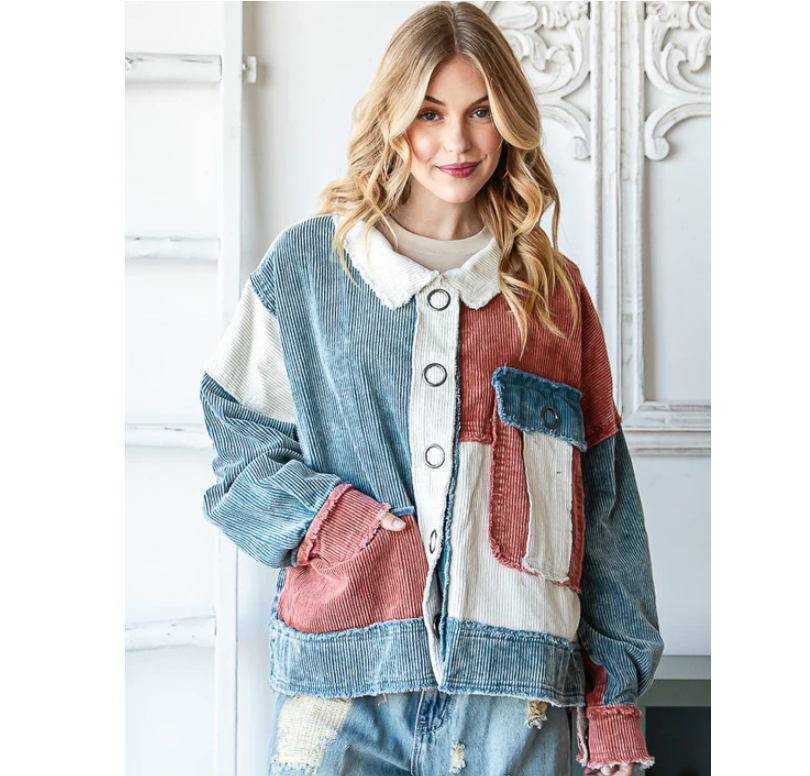 "Tilly" Colorblock Corduroy Jacket Teal Rust