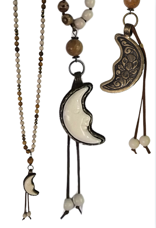 "Ivory Moon" Stone Beaded Crescent Moon Necklace