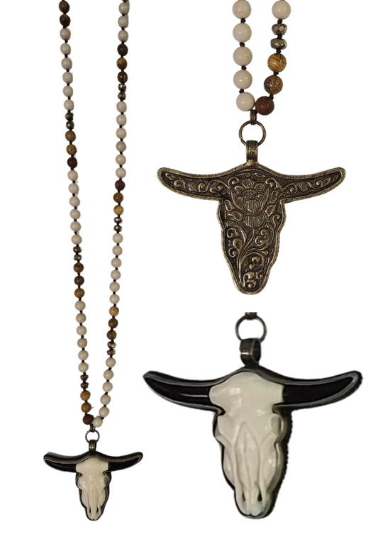 "Ivory Bullhead" Stone Beaded Bullhead Necklace