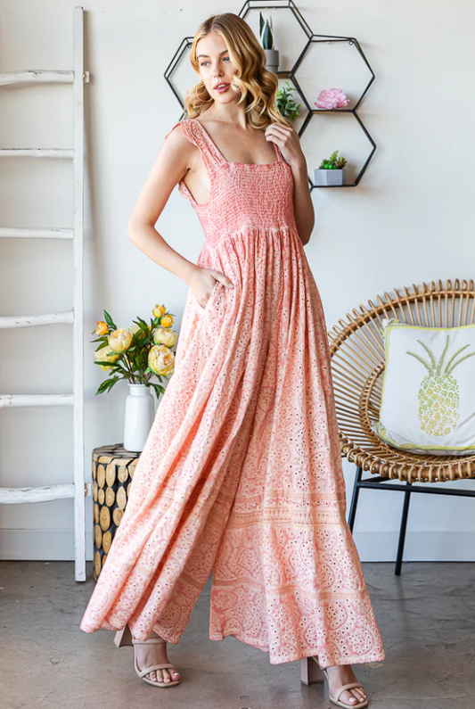 "Samantha" Pink Soft Eyelet Lace Wide Leg Jumpsuit