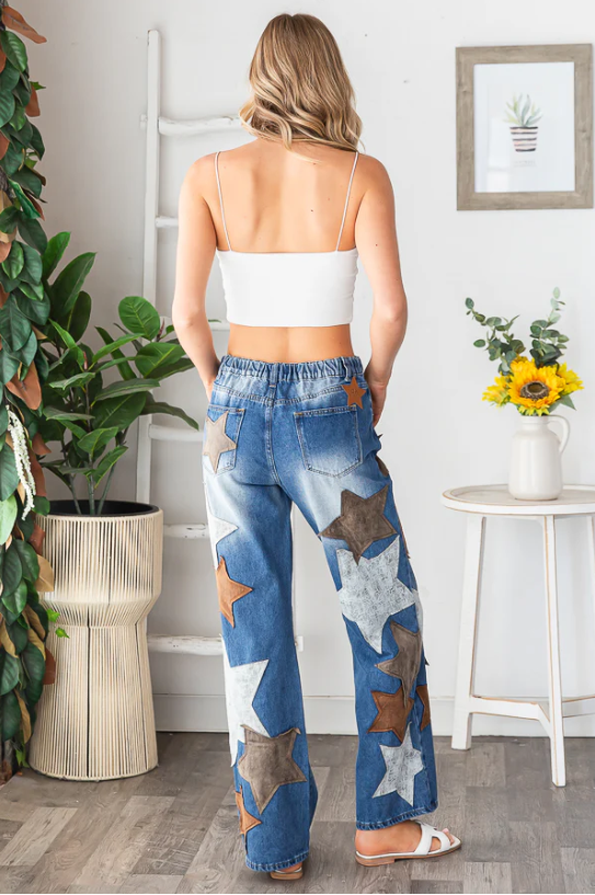 "Starry Sky" Denim Leather Star Straight Leg Jeans