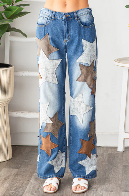 "Starry Sky" Denim Leather Star Straight Leg Jeans