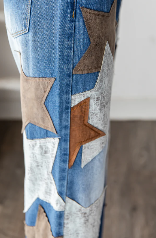 "Starry Sky" Denim Leather Star Straight Leg Jeans