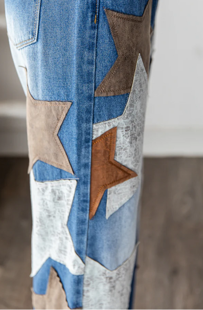 "Starry Sky" Denim Leather Star Straight Leg Jeans