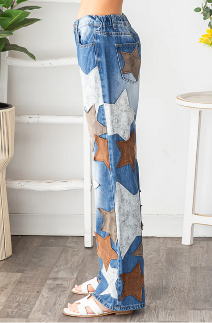 "Starry Sky" Denim Leather Star Straight Leg Jeans