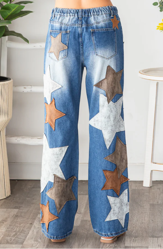"Starry Sky" Denim Leather Star Straight Leg Jeans