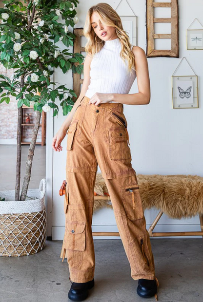 "Pocket Party" Camel Multi-Pocket Cargo Pants