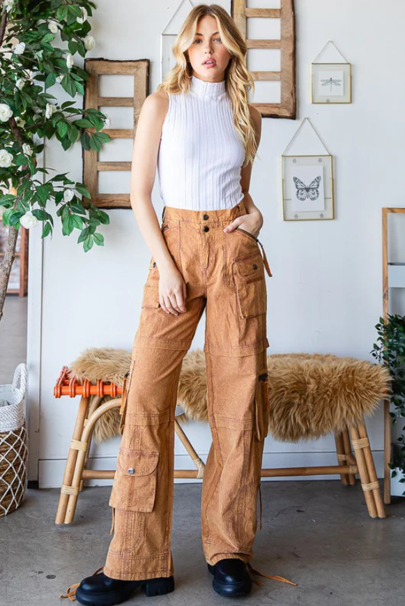 "Pocket Party" Camel Multi-Pocket Cargo Pants