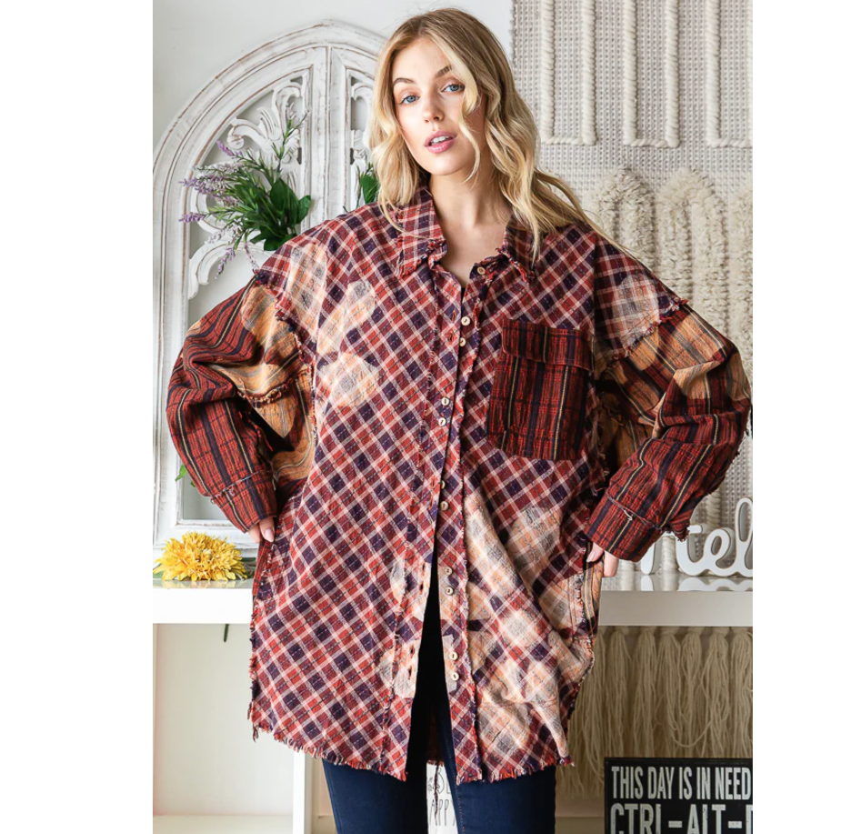 "Rusty" Flower Plaid Button Up Cotton Shirt