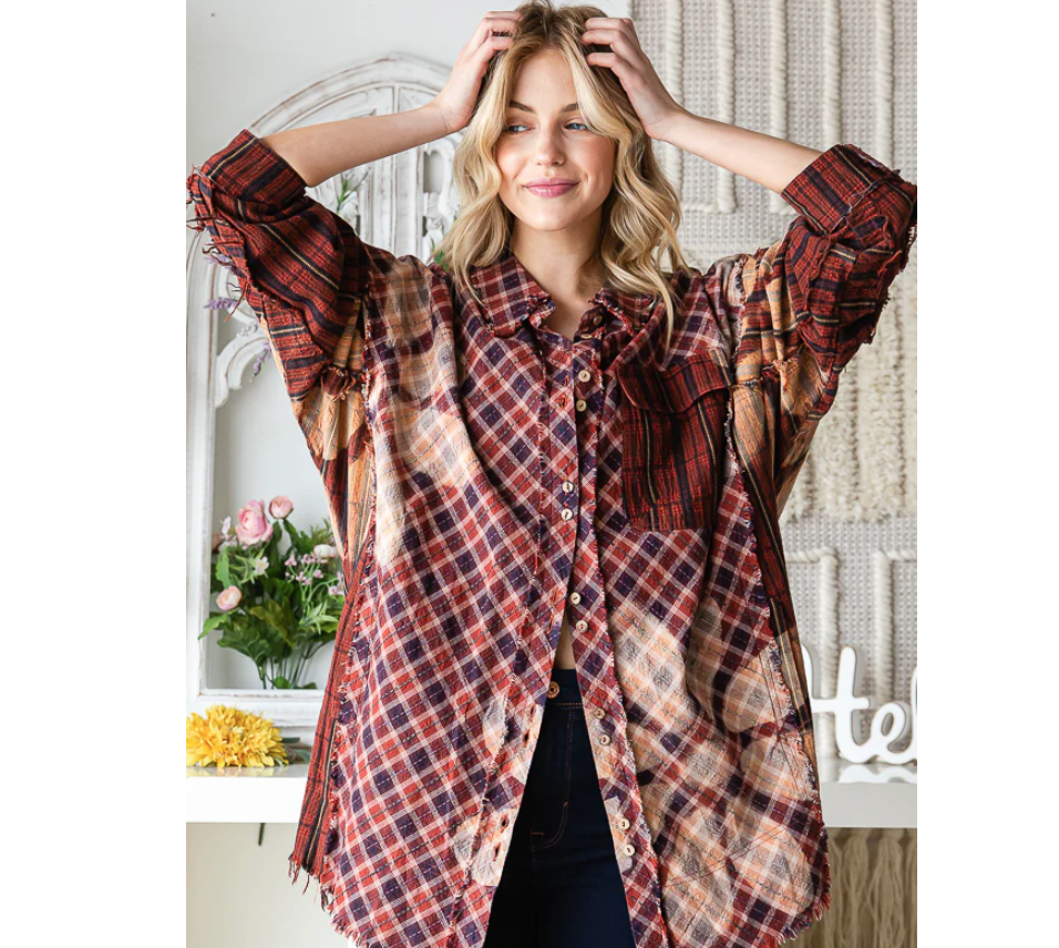 "Rusty" Flower Plaid Button Up Cotton Shirt