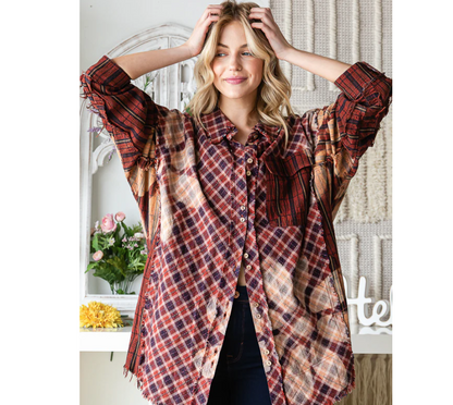 "Rusty" Flower Plaid Button Up Cotton Shirt