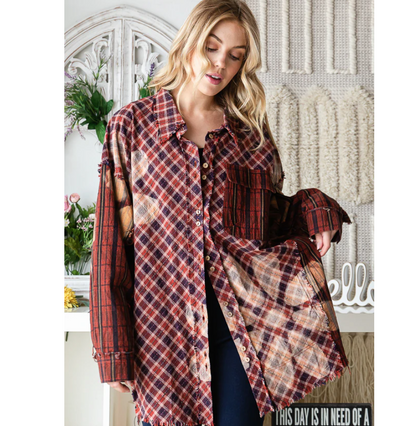 "Rusty" Flower Plaid Button Up Cotton Shirt